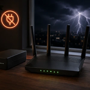 Mini UPS backup powering a Wi-Fi router during a power outage