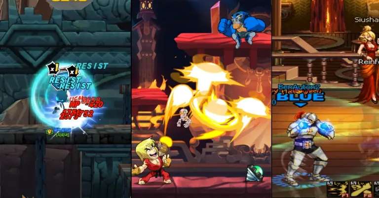 collage of arcade style action games similar to Grand Chase showing side scrolling combat bursts of damage numbers and anime fighters