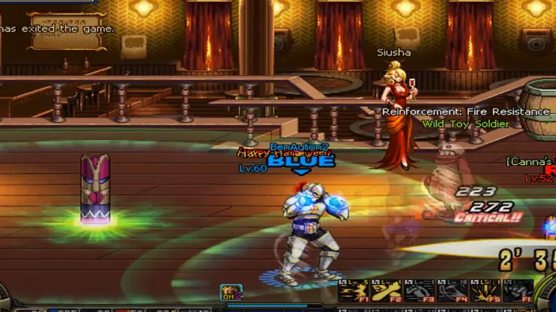 Dungeon Fighter Online brawler combat inside a bar with a fighter using flashy punches next to a red dressed npc