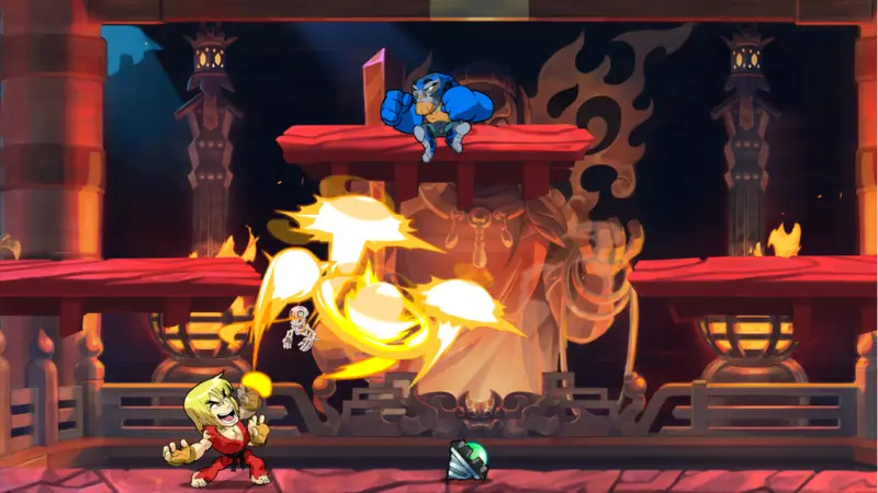 Brawlhalla style arena fight with cartoon fighters trading big attacks in front of a lava temple background