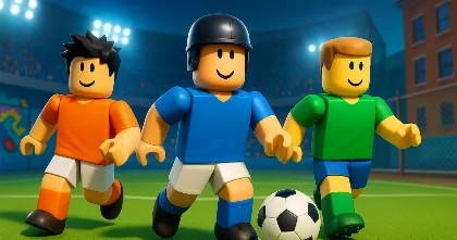 Three Roblox players sprint toward a soccer ball on a bright stadium field