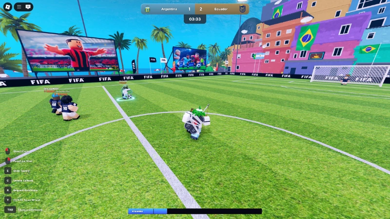 In-match stadium view of a Roblox soccer game with scoreboard and crowd