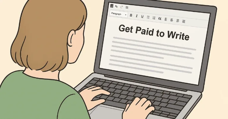 Person typing on a laptop with Get Paid to Write on the screen, representing paid writing work online