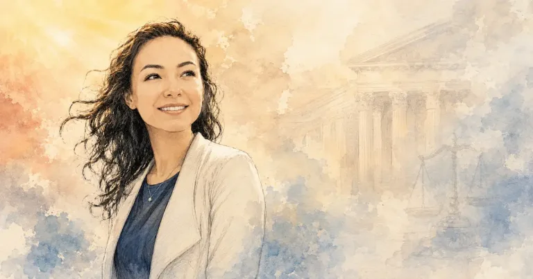 Watercolor illustration of Mica Miller with courthouse and scales of justice imagery