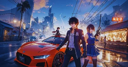 Anime-style Ananta crew posing by an orange sports car in a neon city street at night, teasing the open world game people are watching for 2026