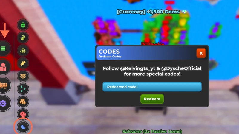 Anime Simulator code redemption window open in Roblox with the Redeem button
