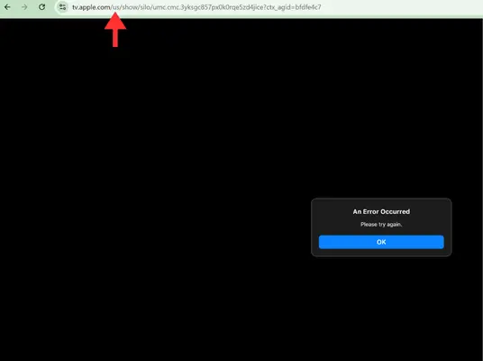 Screenshot of Apple TV showing “An Error Occurred. Please try again.” in a web browser.