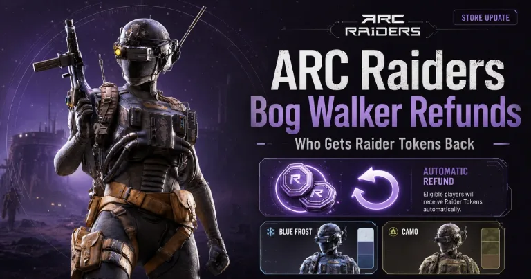 ARC Raiders Bog Walker refund graphic for update 1.36.0 showing Raider Token refunds for eligible players.