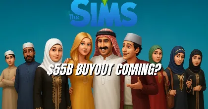 The Sims-style cast of diverse characters standing together with big $55B buyout text, reflecting questions about Sims mods and EA’s deal