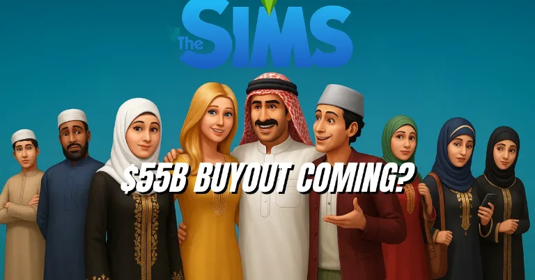 The Sims-style cast of diverse characters standing together with big $55B buyout text, reflecting questions about Sims mods and EA’s deal