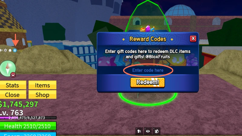 lox Fruits reward codes menu with the Enter code here field and Redeem button highlighted