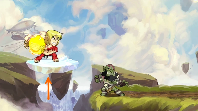 Character jumps onto a small ledge and charges a grounded attack mid-dodge while an opponent waits below.