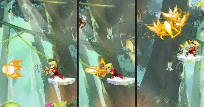 Three-panel sequence showing a mid-air dodge into a counterattack in Brawlhalla.