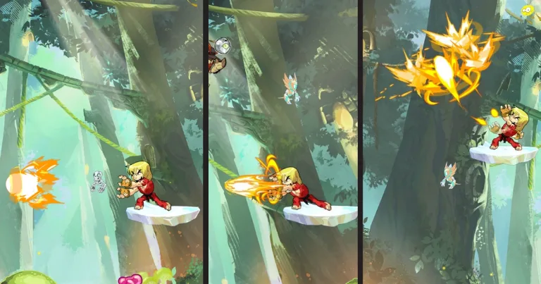 Three-panel sequence showing a mid-air dodge into a counterattack in Brawlhalla.