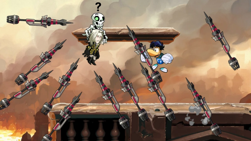 Brawlhalla match moment with Rocket Lance attacks covering the stage and two characters dodging in midair