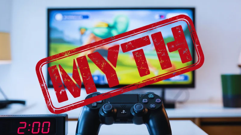 PS4 controller and TV with a red MYTH stamp and a 2:00 timer, showing the two hour refund myth on PlayStation
