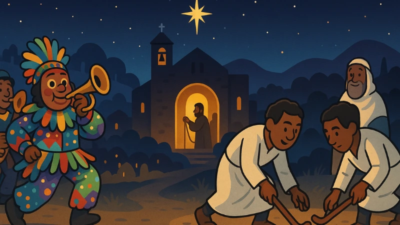 Genna night scene outside a church, musician and kids playing