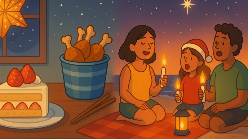 Family with candles, strawberry shortcake and fried chicken, star lantern above