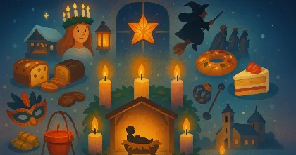 Christmas symbols across cultures, candles and nativity with holiday foods
