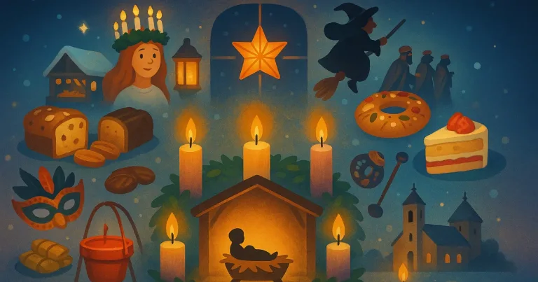 Christmas symbols across cultures, candles and nativity with holiday foods