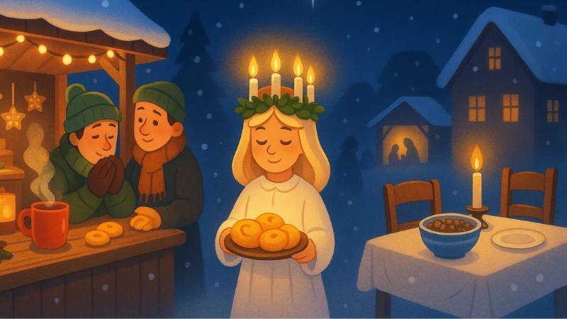 St. Lucia with candle crown at a winter market