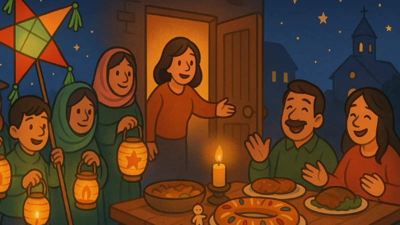 Las Posadas doorstep scene with lanterns and shared holiday dishes