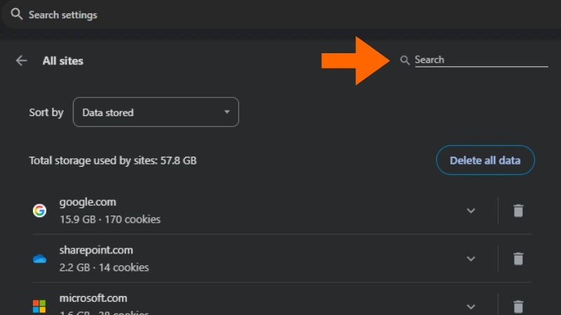 Chrome storage settings page with search field highlighted