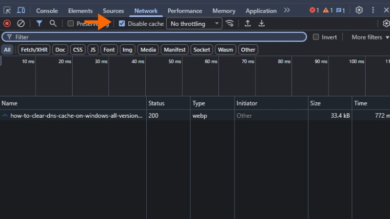 Chrome DevTools Network panel with Disable cache checked