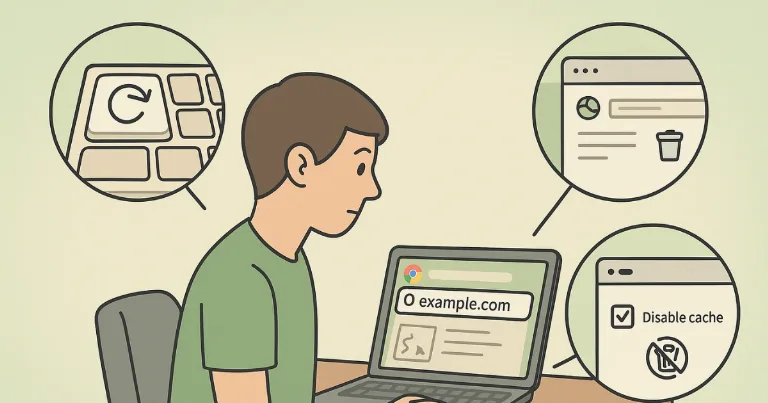 Illustration of a person at a laptop with browser icons