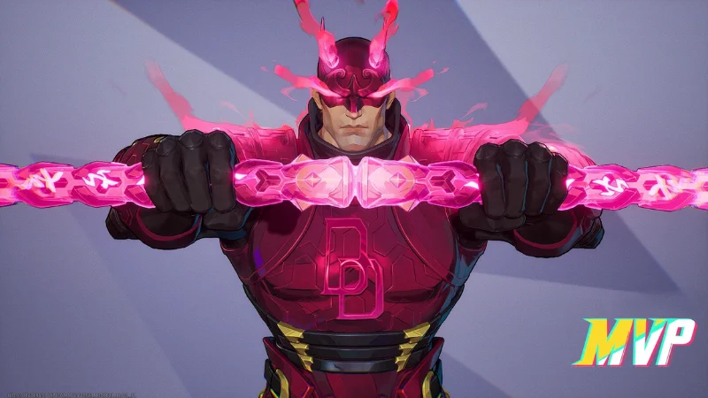 Marvel Rivals Daredevil MVP Daredevil gripping a glowing chain straight toward the viewer