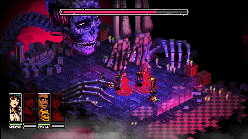 Demon school game boss battle with a giant skull and skeletal hands