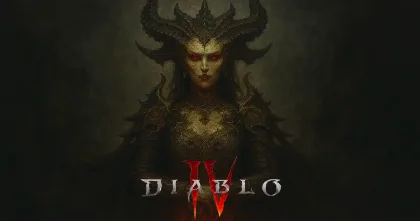 Lilith standing in dark Diablo 4 artwork with red Diablo IV logo