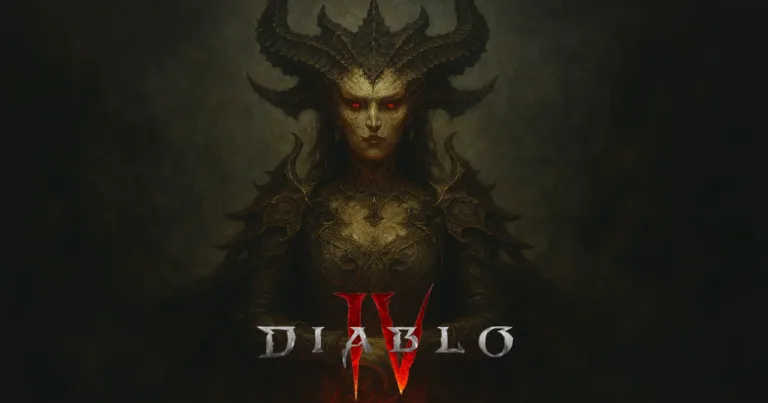 Lilith standing in dark Diablo 4 artwork with red Diablo IV logo