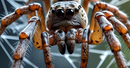 macro close up of a spider with large eyes and front legs