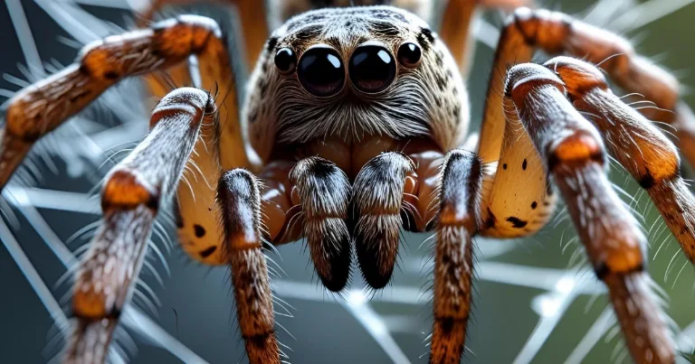 macro close up of a spider with large eyes and front legs