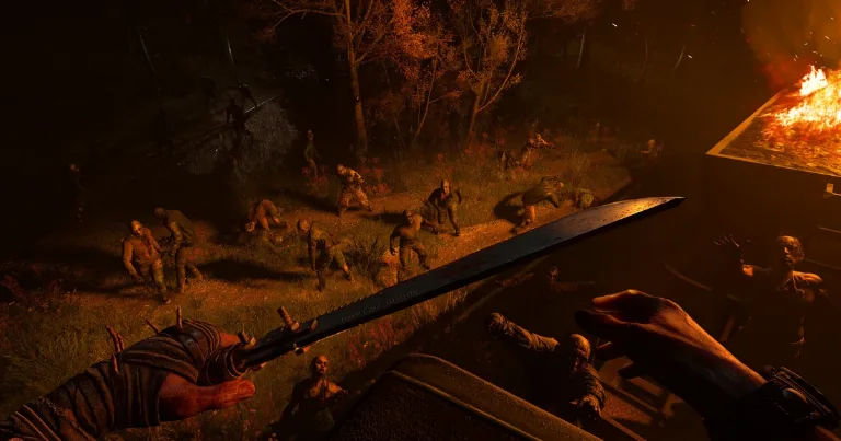 Survivor swings a blade into a crowd of zombies as a forest burns at night.
