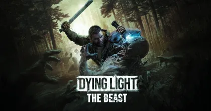 The Beast promo art, main survivor swinging a weapon in a dark forest with monsters around him