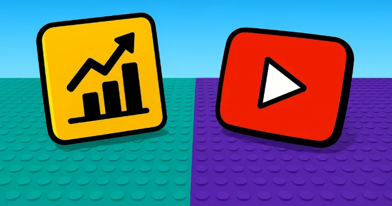 YouTube play button and upward CTR growth icon on bright Lego-style background, showing click-through boost for faceless channels