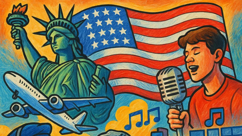 Colorful illustration of American pop culture, a plane, and the internet.