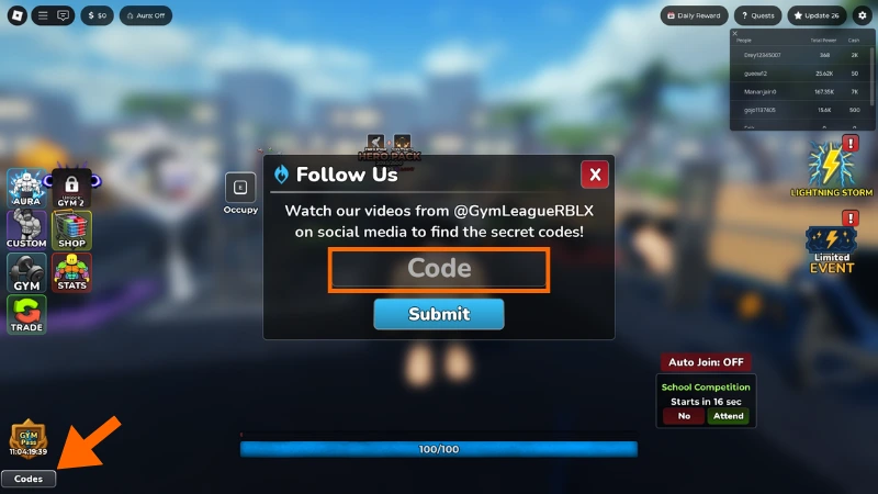 How to Redeem Codes in Gym League Code redemption interface showing Follow Us popup and codes button location