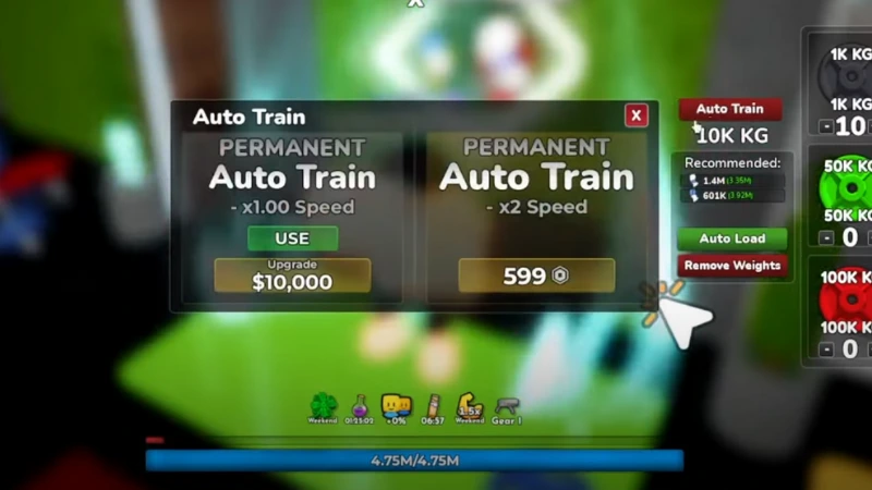 Best Places to Train for Big Gains Gym League auto train upgrade screen showing permanent boost options