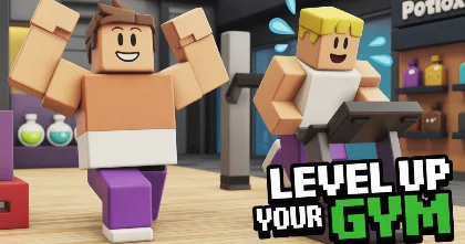 Gym League Roblox workout scene with two blocky characters training in a gym