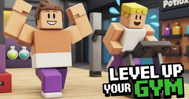 Gym League Roblox workout scene with two blocky characters training in a gym
