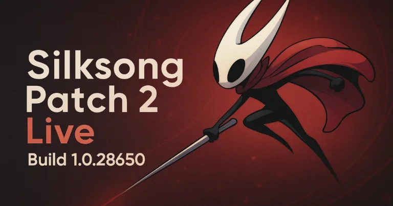 Hornet leaping forward with a needle weapon on a red background for the Silksong Patch 2 update