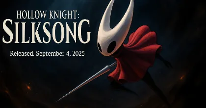 Silksong’s Hornet leaping forward with a needle weapon on a dark background