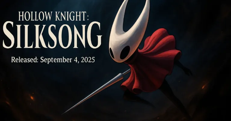 Silksong’s Hornet leaping forward with a needle weapon on a dark background