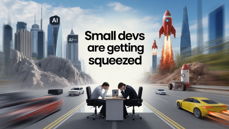 Two developers at desks while rockets launch and fast cars rush by in a city