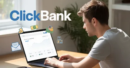 Person at a laptop checking ClickBank earnings dashboard for affiliate marketing income