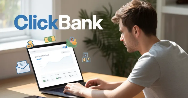Person at a laptop checking ClickBank earnings dashboard for affiliate marketing income