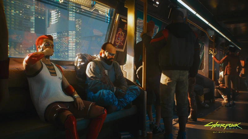 Cyberpunk 2077 metro scene with passengers